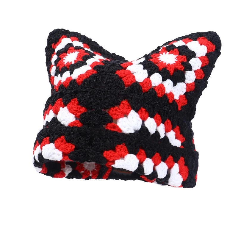 Japanese Autumn and Winter Cute Cat Ears Pullover Hat Hand-crocheted Grandmother Grid Hollow Trend Skull Beanie Cap for Women's 5