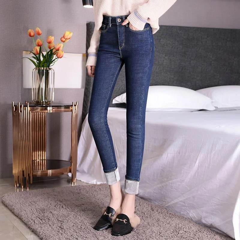 

Oversize 80kg Warm Jeans Plush Lined Snow Wear Slim Winter Pantalones Thicken Stretch Cowboy Pencil Pants Women Skinny Vaqueros