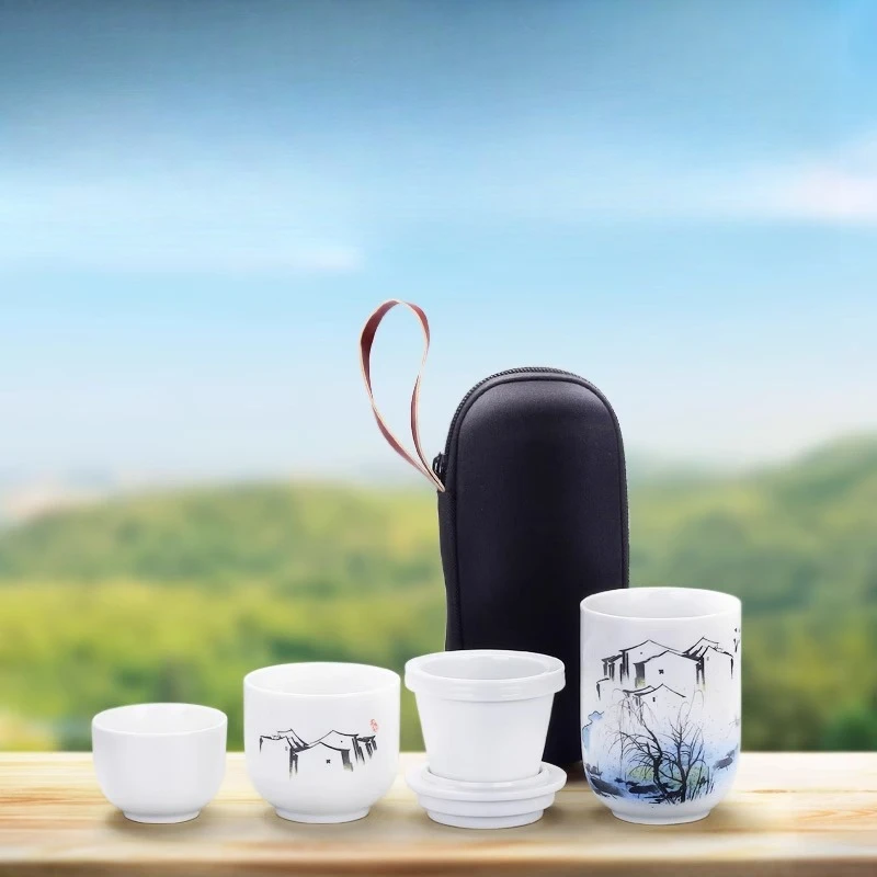 Ceramic Portable Travel Teapot Set Bring A Travel Bag Outdoor Double Chinese Kung Fu Tea Set Underglaze Colour Tea Ceremony Set