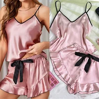 Pyjama en Satin lisse pour femmes, T-Shirt à col en v, bords à volants et short à nœud, ensemble pyjama Simple et respirant, vêtements de maison à bretelles 3
