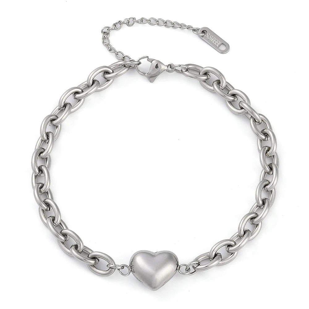 3 Stück 304 Edelstahl-Kabelketten-Armbänder mit Herzgliedern, Edelstahlfarbe, 8-1/2 Zoll (21,5 cm) für Damenschmuck