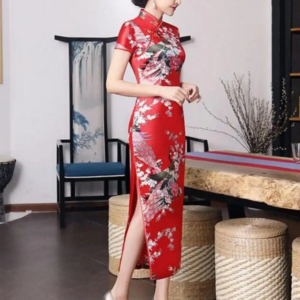 Chinese Cheongsam Dress Retro Style Floral Print Stand Collar High Side for Women Summer