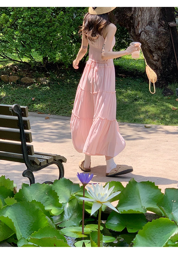 French Elegant Dresses for Women Solid Spaghetti Strap Summer New Ruffles A-line Casual Korean Chic Midi Vestidos Mujer