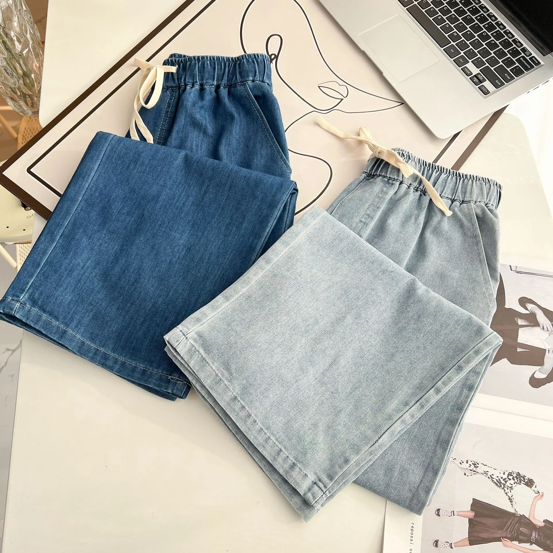 100kg Spring And Autumn Plus Size Women's Casual High Waist Wide Leg Pants Drawstring Elastic Waist Straight Jeans 2400