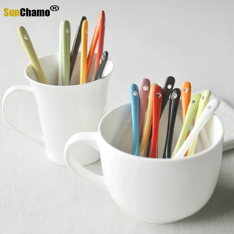 Colored Long Handle Ceramic Tableware Stirring Scoop Spoon Baking Tool