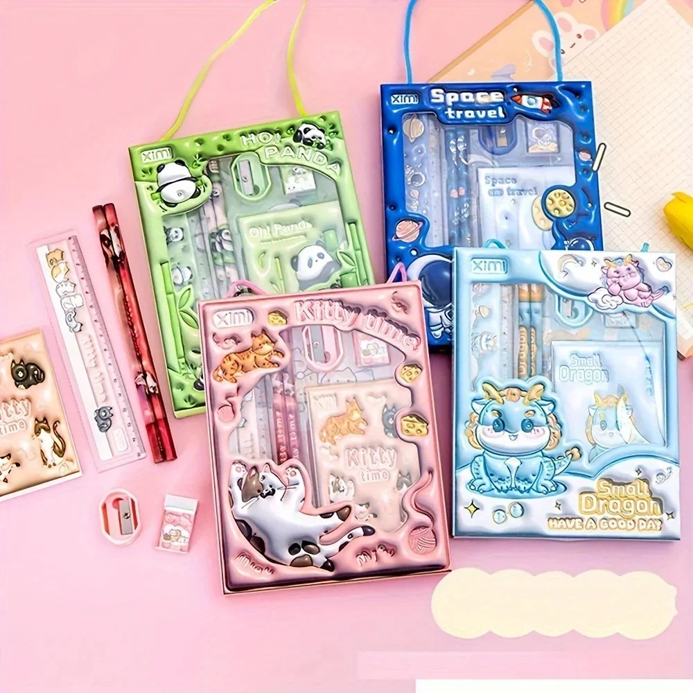 Cute 3D Cartoon Stationery Set Pencil Notebook Ruler Eraser Set 6 Pcs / set Perfect Gift for The Beginning of The School Year stationery gift box stationery set