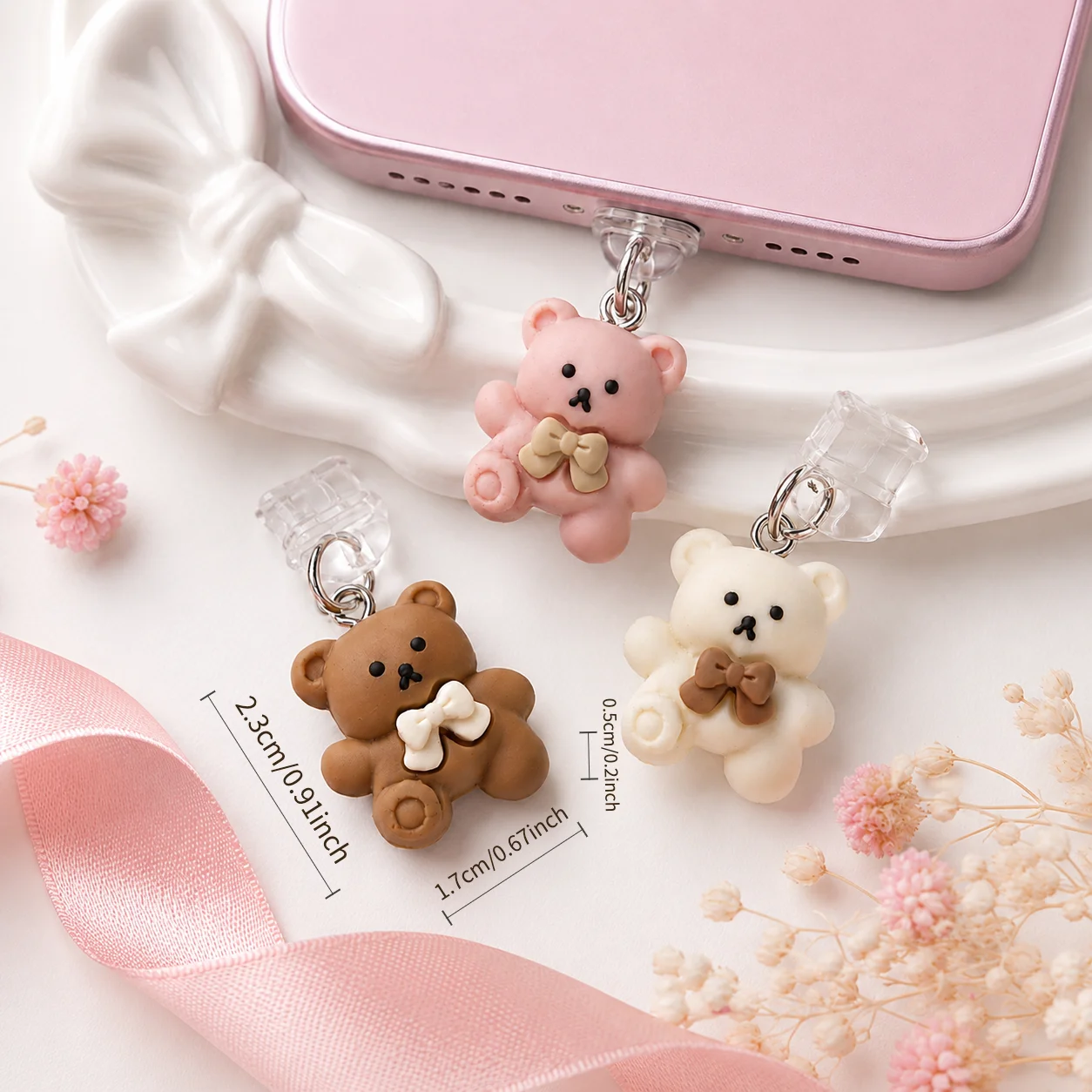 3Pcs 귀여운 3D 곰돌이 모양 휴대폰 먼지 방지 플러그, 브라운/핑크/크림, 아이폰 타입-C 안드로이드용, 먼지 방지 포트 참 장식 액세서리