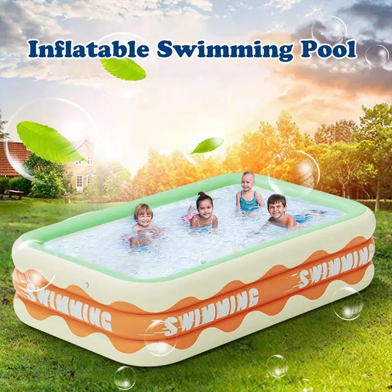Inflatable Swimming Three Ring Blow Up Pool 9ft Rectangle Portable