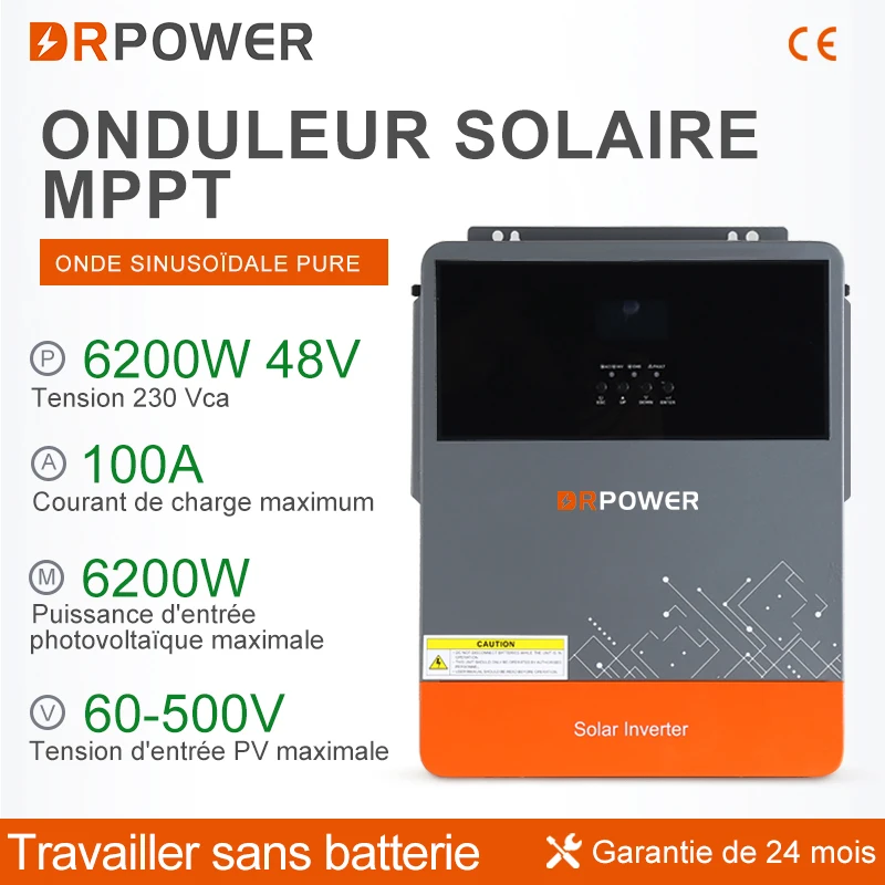Onduleur solaire hybride , 6000 W, chargeur-onduleur tout-en-un à onde sinusoïdale pure, 48
