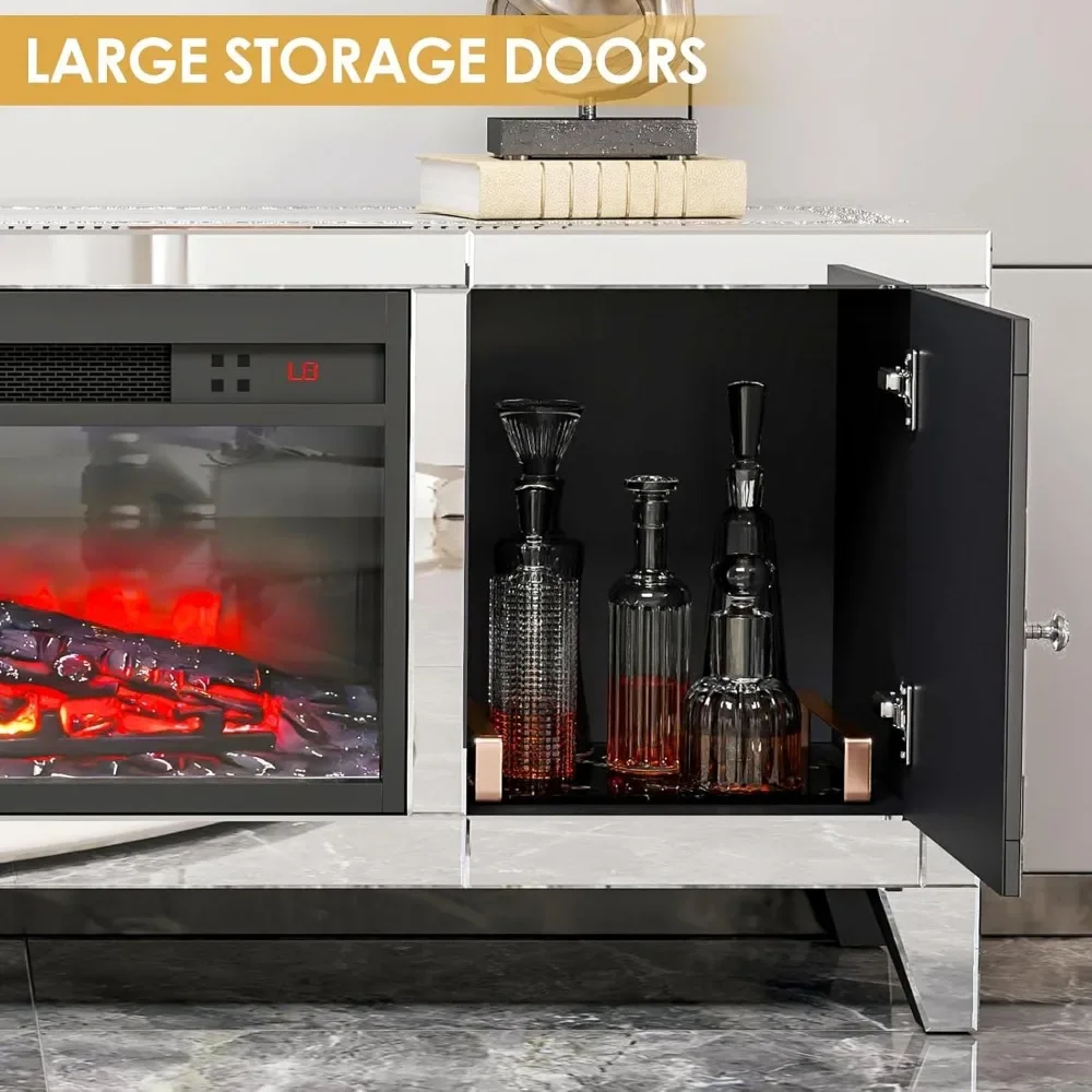 Fireplace TV Stand 59" with Storage Mirrored Silver TV Stand for 65 Inch TVs for Living Room Tall Entertainment Center TV Stands 5