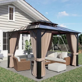 10’x12’ Hardtop Gazebo, Double Roof Patio Pergola with Polycarbonate Panels, Aluminum Frame, Outdoor Canopy with Netting for Bac 1
