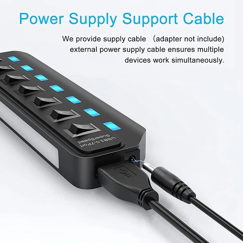 High-Speed Multi-Port USB Hub with Power Adapter and Switch
