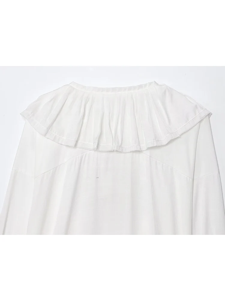 TFMLN Spring Autumn Women Ruffles Collar Shirt Long Sleeve Fashion White Pullover Blouse Tops Female Elegant Lace Up Shirt