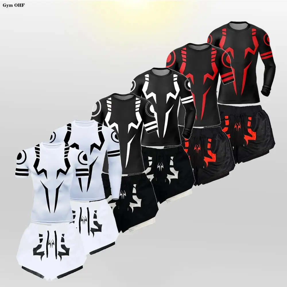 Jujutsu Kaisen Anime 압축 T 셔츠 정장 남성용 2 In 1 반바지 스포츠 러닝 조깅 체육관 Tracksuit 남성 의류 Rashgard Top