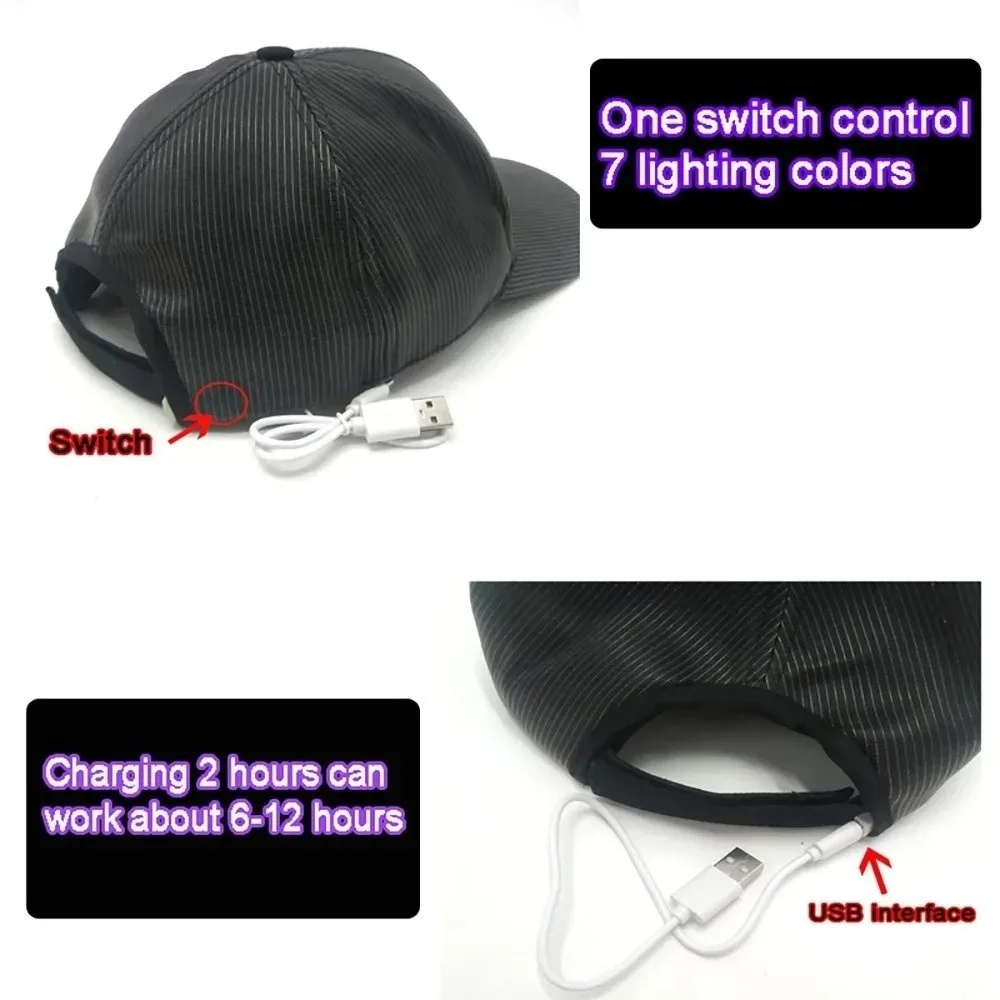Rechargeable LED Fiber Optic Baseball Cap with 7 Colors and Flashing Modes