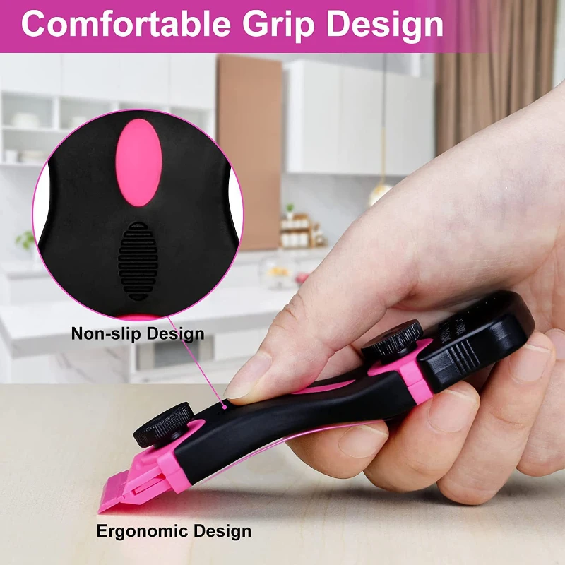 12pcs Pink Double Sided Scraper Tool With Spare Blade Wall Door Window Label Sticker Glue Residue Cleaning