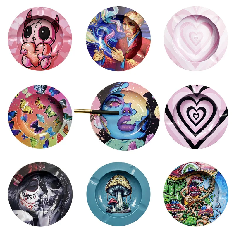Metal Ashtray Metal Rolling Tray Tobacco Herb Round Ashtray Cartoon Creativity Cigarette Ashtray Smoking Accessories