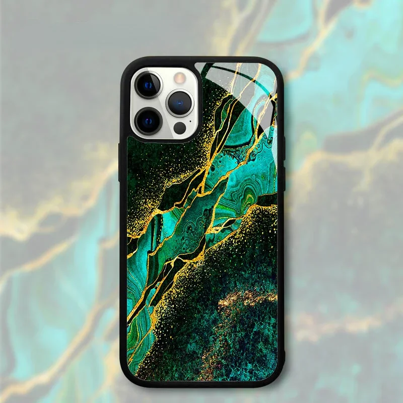 

Чехол для телефона с зеленым мраморным нефритом И камнем для IPhone 11 12 Pro Max 7 8 Plus X XR XS 13, модный роскошный золотой блестящий чехол