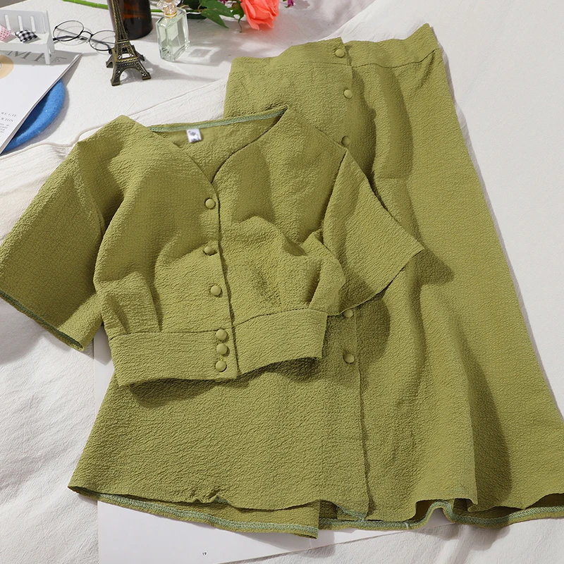 

Summer Women Sets Fashion Wild Cropped Open Waist V-Neck Cardigan Tops + High Waist A-Line Breasted Pleated Skirt Two-Piece Suit