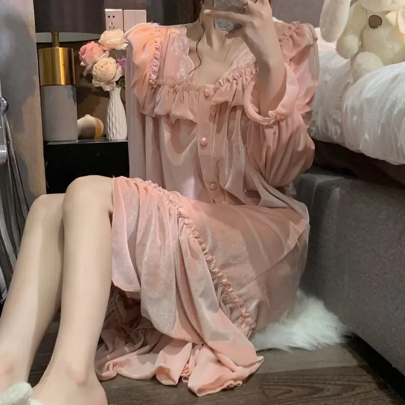

Винтажная бархатная ночная рубашка, Женская кавайная одежда, одежда для сна с длинным рукавом, роскошная брендовая Домашняя одежда, Корейская шикарная Пижама, Ночная одежда