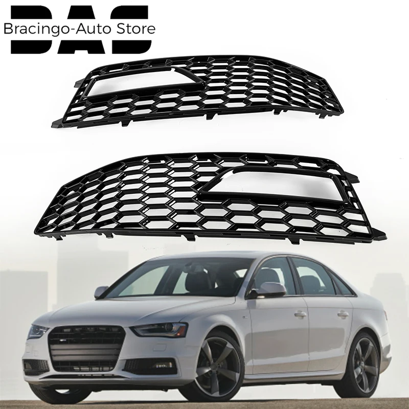 

Bracingo Fit For Audi A4 B8.5 S-line S4 2013-2016 Fog Light Grill Mesh Frame Fog Lamp Cover Glossy Black Honeycomb Hole Panel