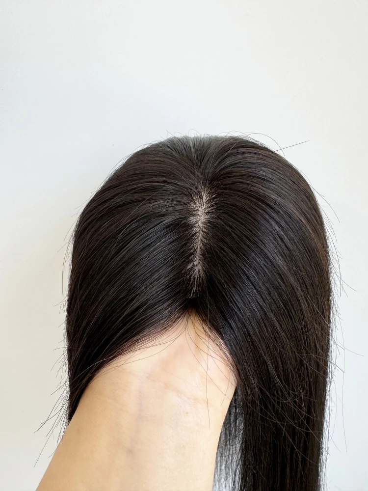 여성용 실크 탑 인모 토퍼, 핸드 타이 실크 베이스, 버진 브라질 헤어 오버레이, 클립 인 헤어피스 포함, 12x14cm, 22 인치