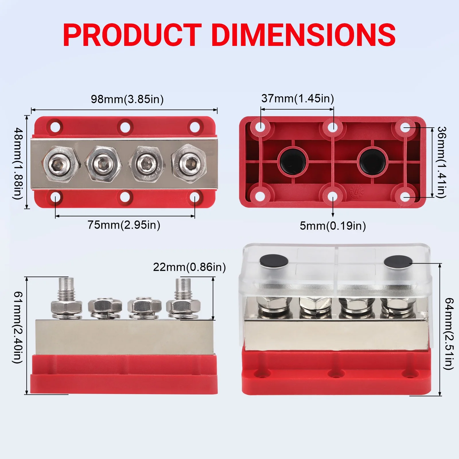Batterie-Sammelschiene, 600 A, 48 V, vernickeltes Kupfer, 4 x M10-Bolzen, robuster Verteilerblock für LKW, Wohnmobil, Marine, Boden, Rot, Schwarz – Detail 1