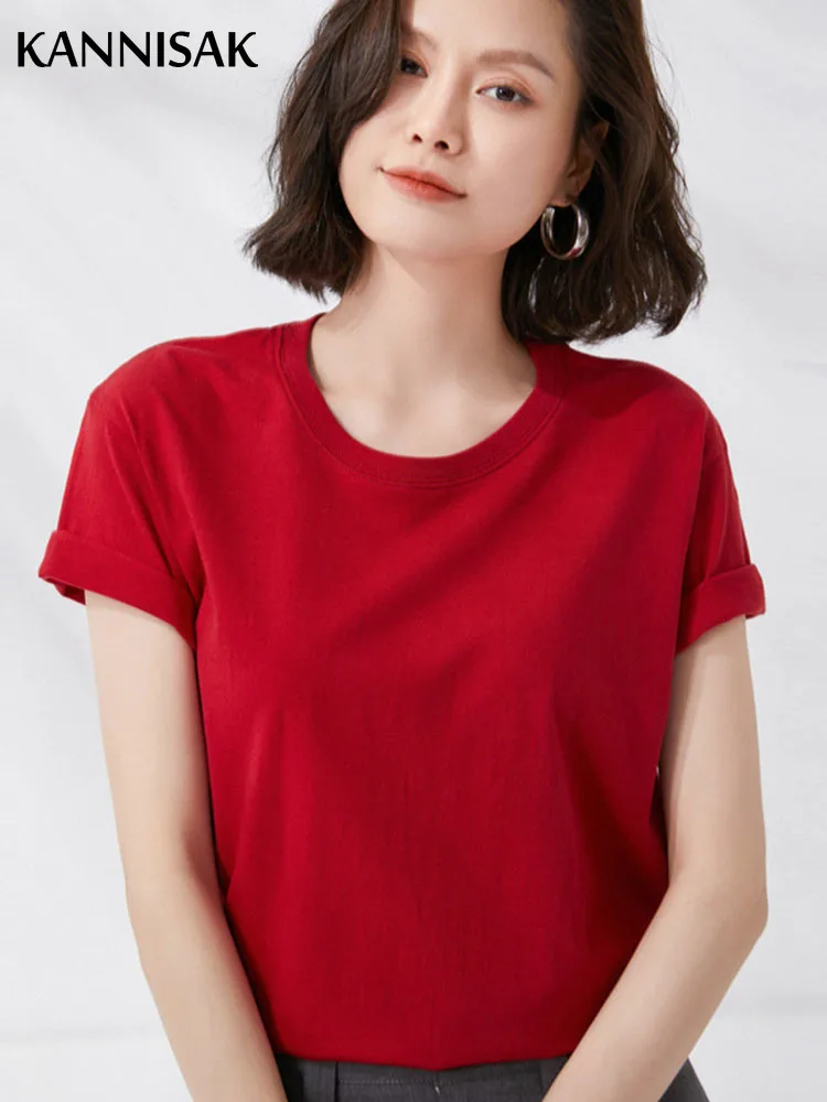 Women T-shirts 2025 Summer Tops Solid Short Sleeve Loose O-neck 100% Cotton Casual Ladies Shirts Harajuku Korean Woman Tshirts - 4