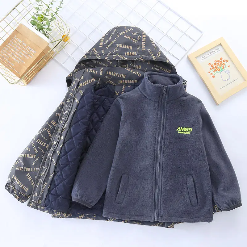 

2in1 Winter Kids Boys Thicken Trench Polar Fleece Coat Set 3+y Young Child Hiking Jackets Suit Autumn Girl Warm Hooded Outerwear