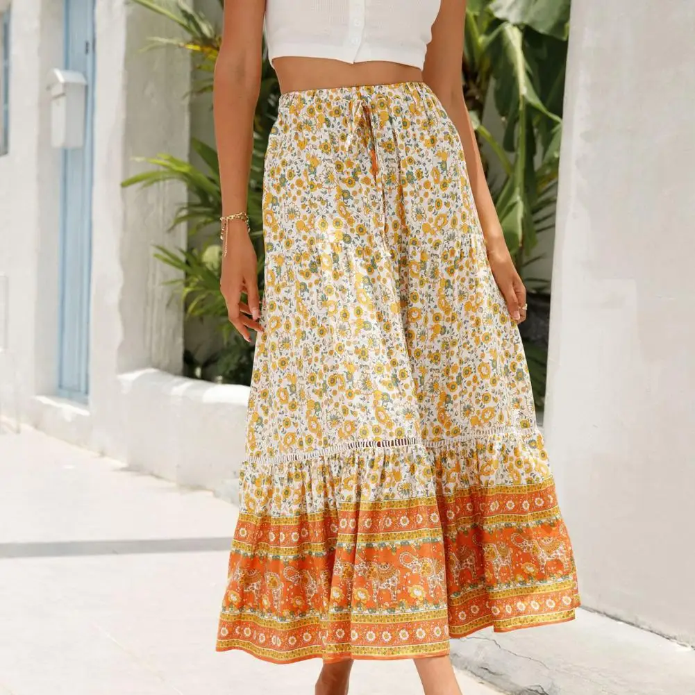 

Stretchy Summer Skirt Soft Breathable Lace Stitching Long Skirt for Summer Beach Holiday Style Comfortable for All-day for Day