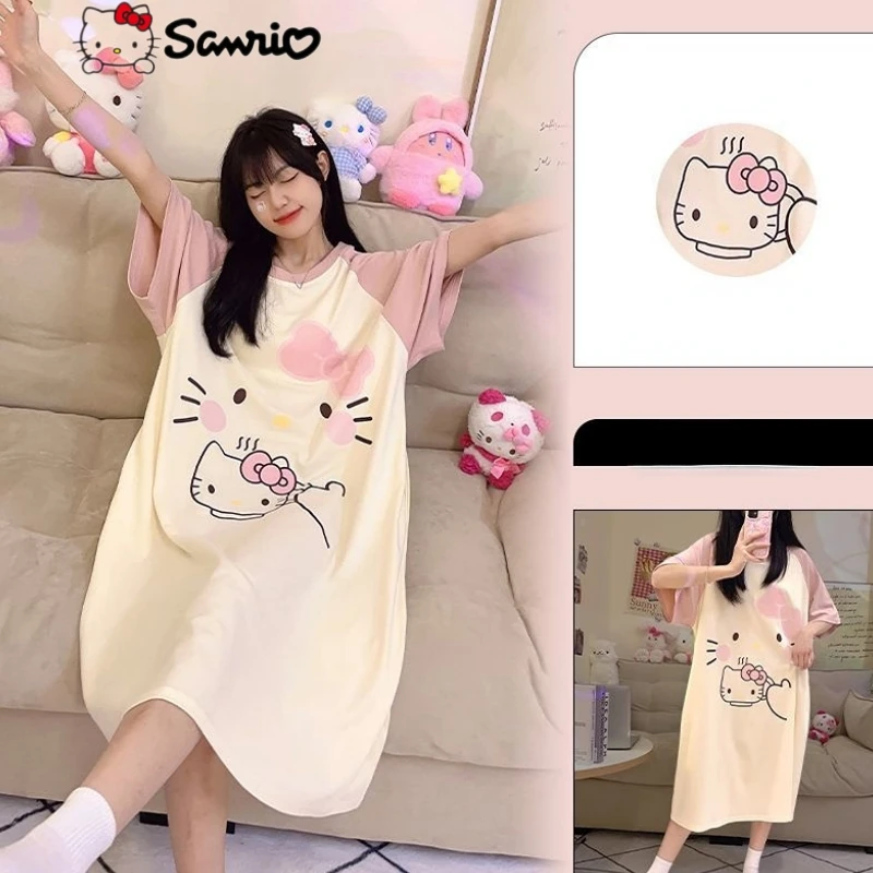 

Sanrio hello kitty anime peripheral cotton kawaii nightdress girls summer cartoon long section cute and can be worn outside