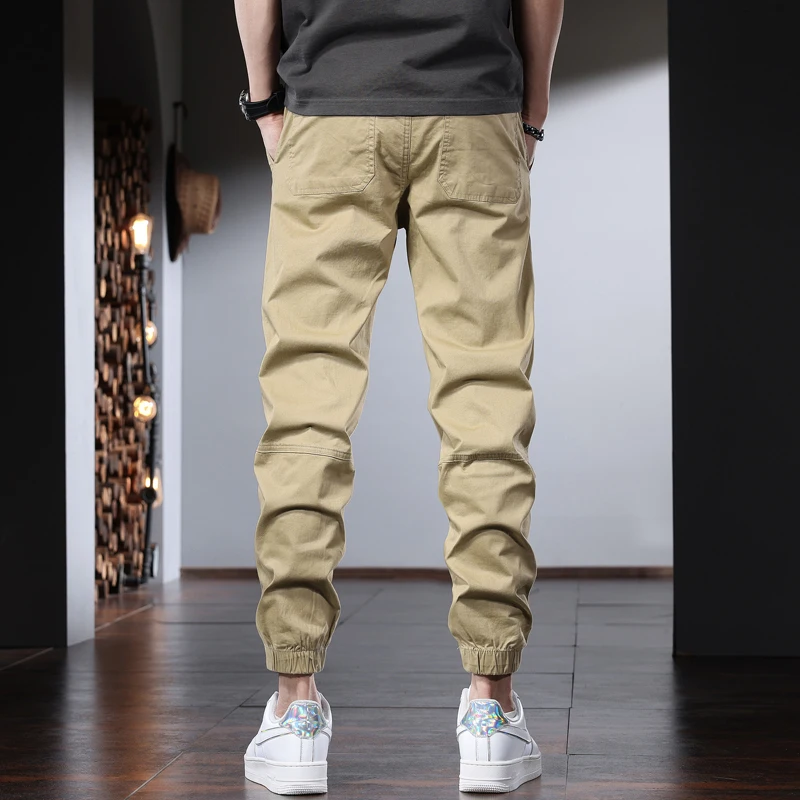 Summer Khaki Casual Pants Men Korean Style Cotton Slim Fit Elastic Waist Drawstring Joggers Trousers