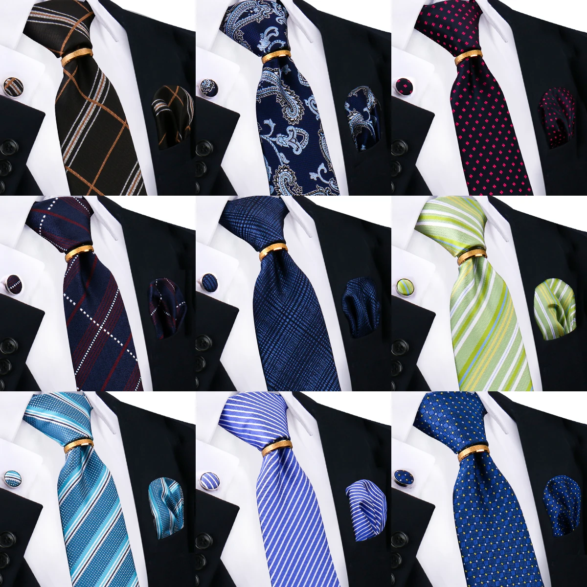 Neck Tie Men Gold Metal 8cm Necktie Handkerchief Cufflinks Metal Ring Brooch Pin Set Luxury Wedding Party