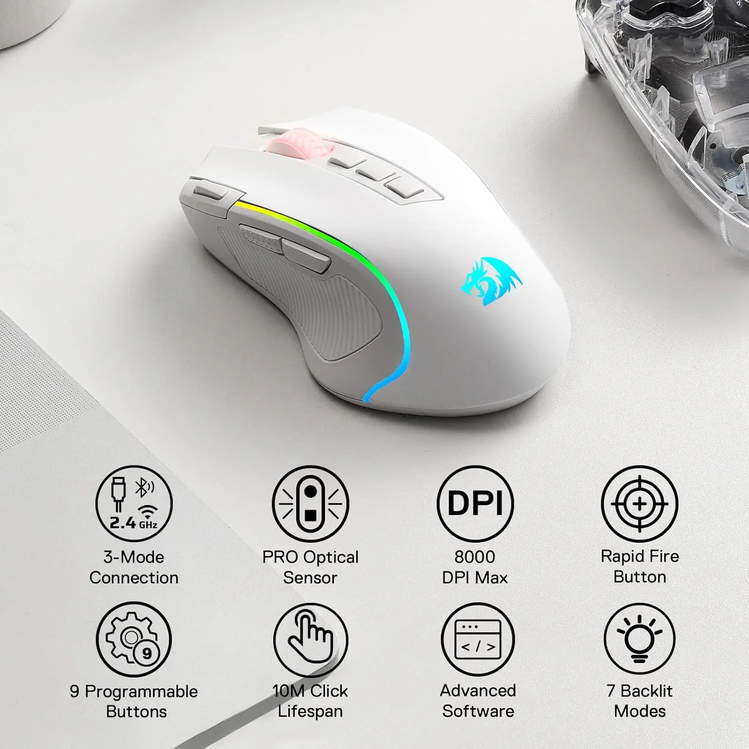 Redragon M612 PRO Mouse Gaming | 8000 DPI | Cablato/Wireless | 9 Tasti Programmabili - Foto 12
