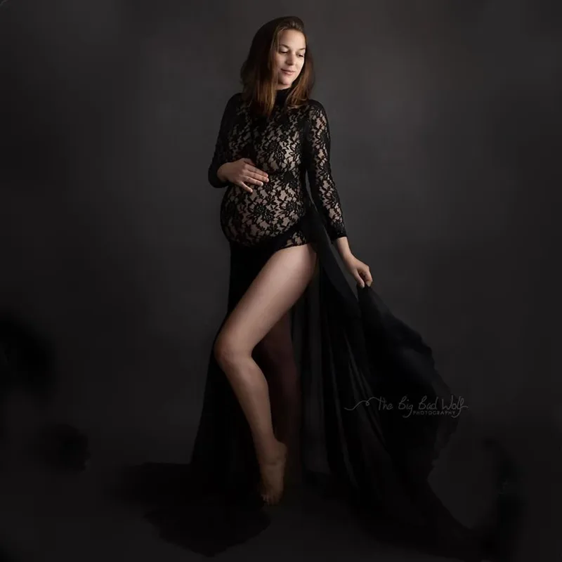 Umstandskleider für Fotoshootings, langärmeliger Body + hoch geteiltes Schwangerschafts-Maxikleid, Chiffonkleid, Babyparty-Fotografie – Detail 3