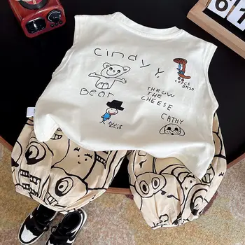 Summer Children Boys Girls Cotton Clothes Set Printe Cartoon Vest Shorts Toddler Baby Clothing Kids Tracksuit Infant Casual Set