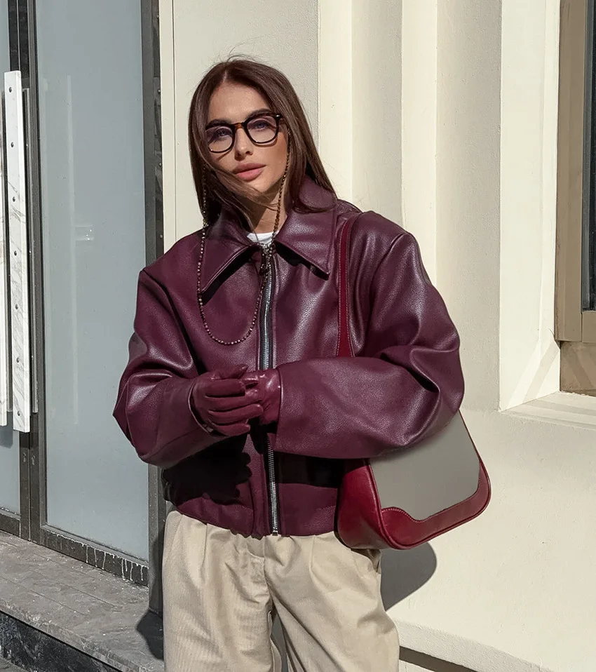 Veste en similicuir rouge bordeaux, épaisse, à fermeture éclair, col à revers, en PU, pour femme, style streetwear automne-hiver