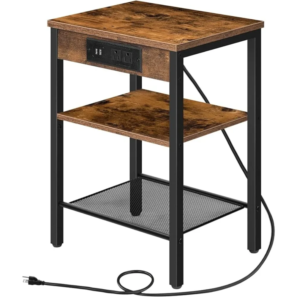 

End Table with Charging Station and USB Ports, 3-Tier Nightstand with Adjustable Shelf, Narrow Side Table for Small Space