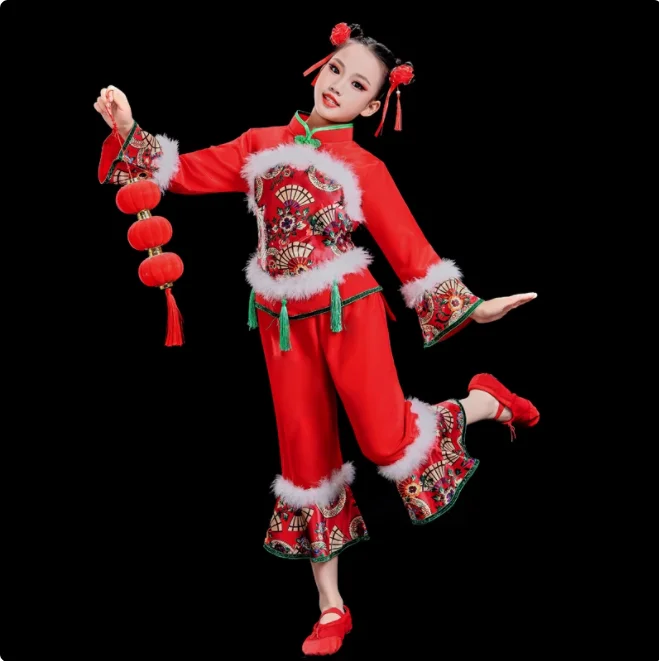 Red Yangko Costume Dance Dress Chinese Traditional Costumes Stage Performance Costume For Children's Classical Stage Costumes Umbrella Fan Dance Clothing National Hanfu Yangko Dance Wear