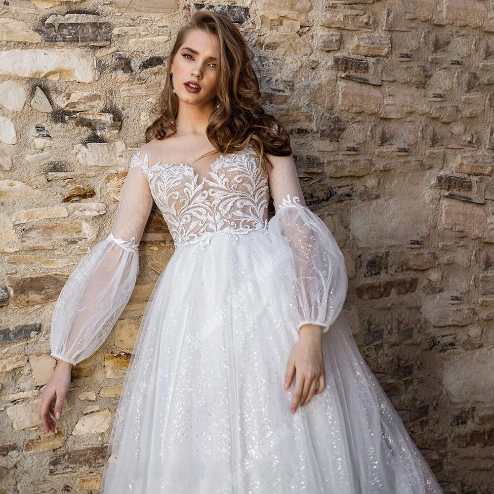 Čistý bílý ženy svatební šaty romantické tyl povrch dlouhé rukávy svatební gowns vytírání délka kněžna vestido de novias 2024