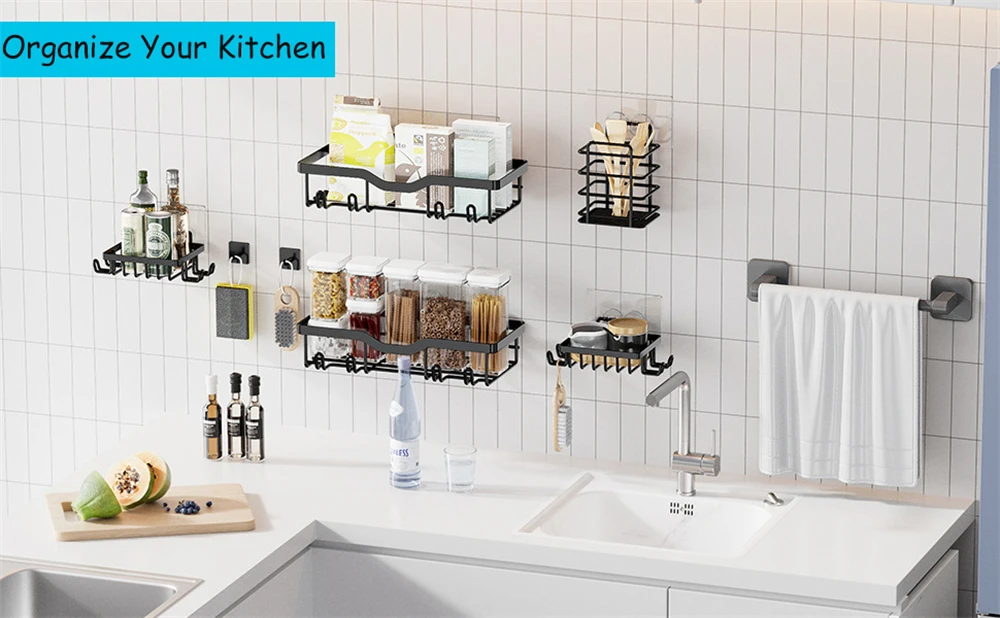 Description Picture 3 of item1 Piece Bathroom Facilities Hard-Fitting Bathroom Storage Rack Black Basket Wall Finishing Storage Accessories