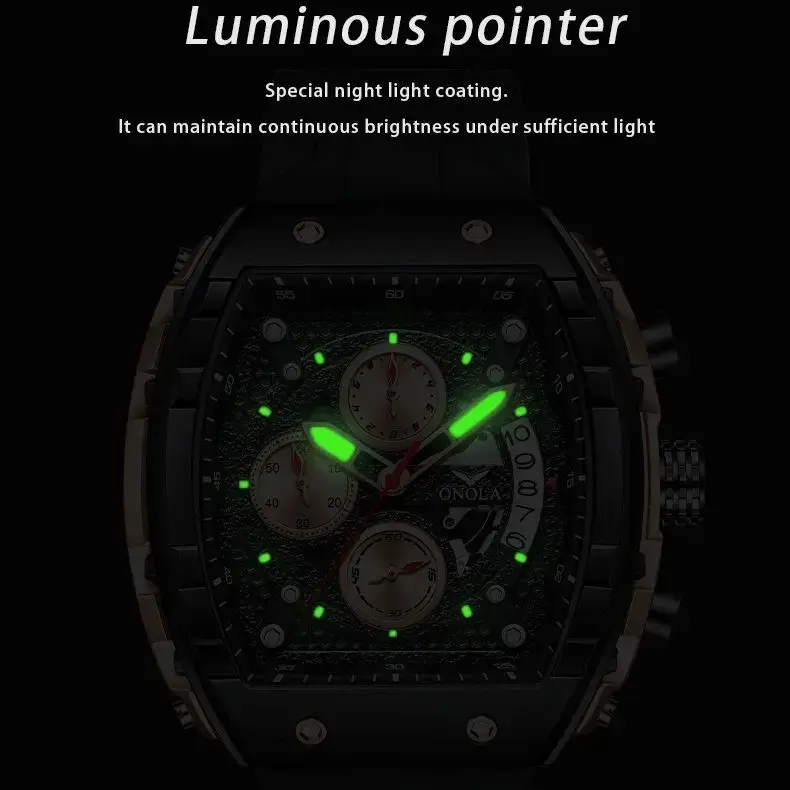Fashion Cool Black Watch for Mens Brand ONOLA Sports Silicone Strap Quartz Wristwatch Male Luxury Waterproof Tonneau Clock Reloj