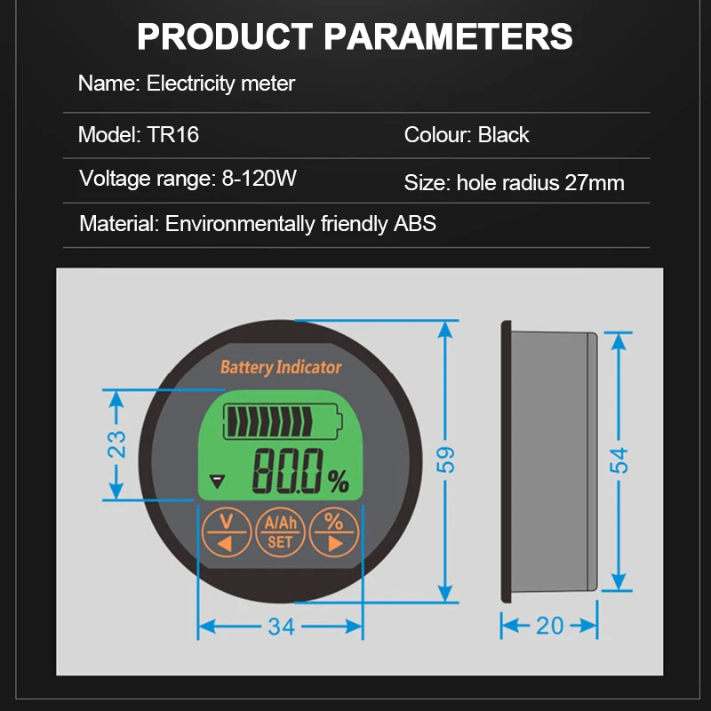 TR16 DC 8-100V Battery Tester 50A 100A 350A Battery Capacity Tester Digital Waterproof Ammeter Voltmeter with Memory Function 3