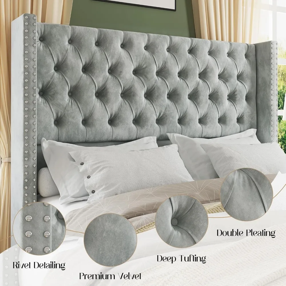 Queen Size Platform Bed Frame Velvet Upholstered Beds with Nailhead Trim Wingback Headboard 51.6" Tall, Queen Bed Frame 3
