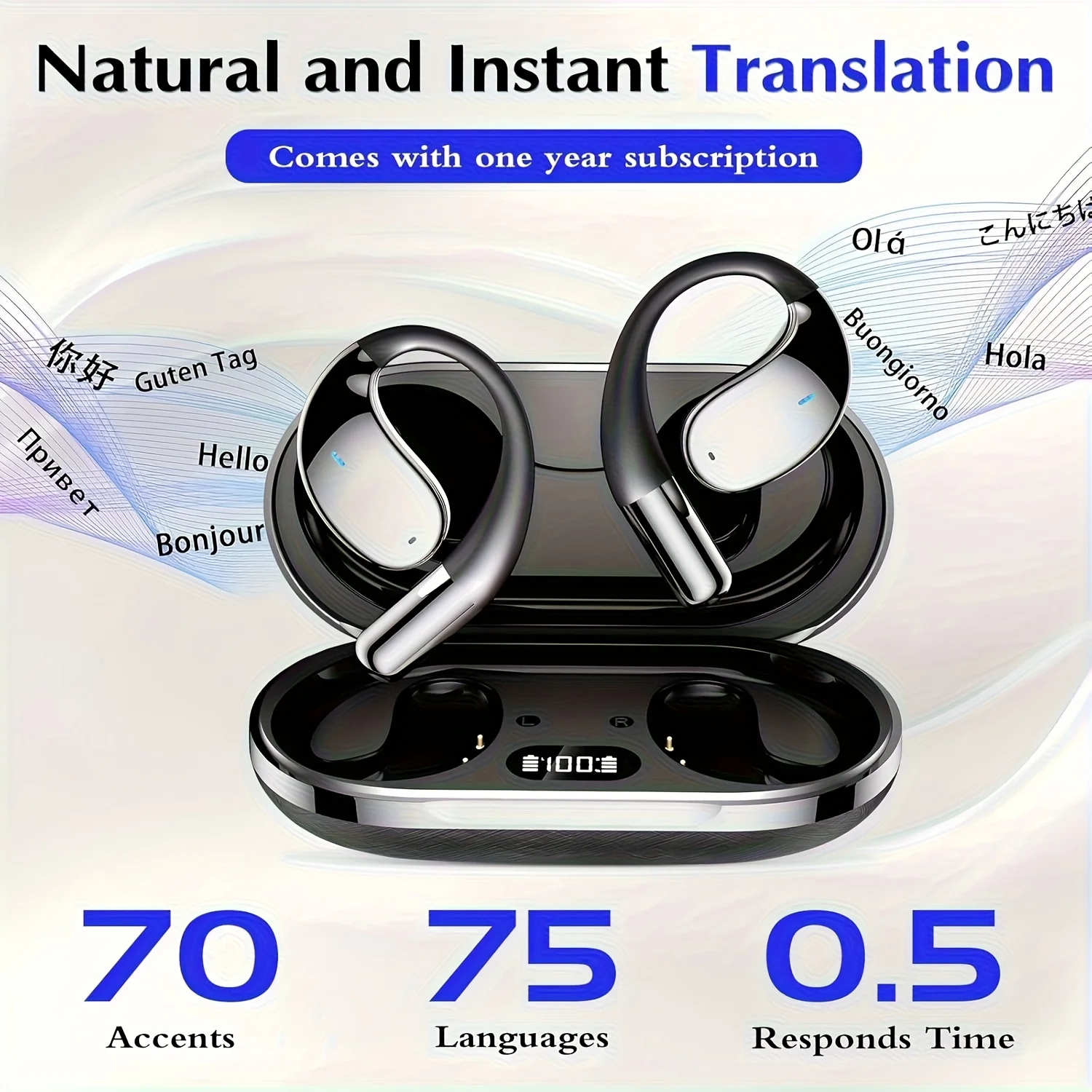 AI Language Translation Wireless Earbuds Q39, 3-in-1 Translator Earbuds Real Time Ai Headphones 144-Languages Translation 6