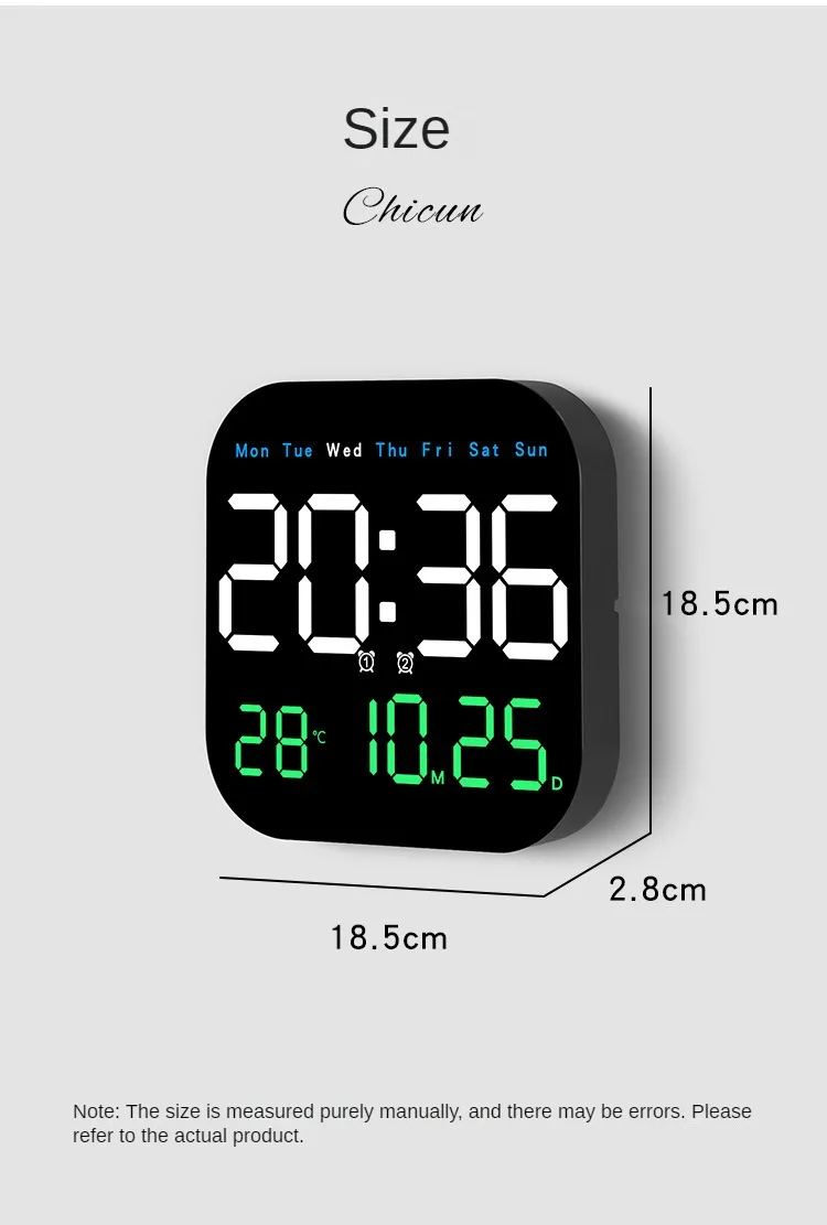 Digital Wall Clock with Temperature and Date - LED Alarm Clock 1224H Remote Control