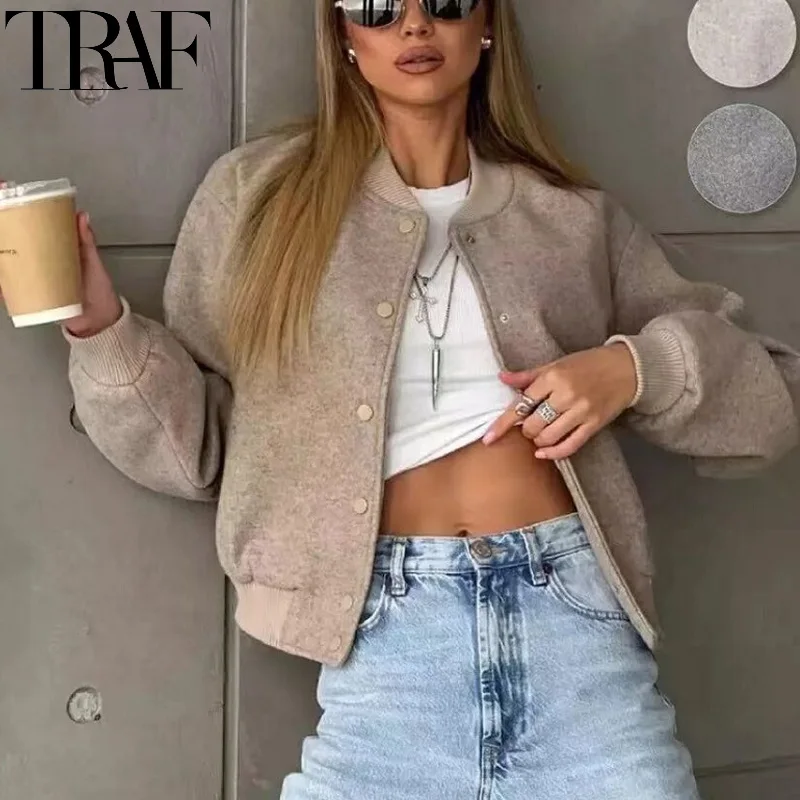 TRAF Cropped Bomber Jackets For Women Autumn Long Sleeve Baseball Jacket Woman Fashion Winter Button Aviator Jackets Streetwear 6