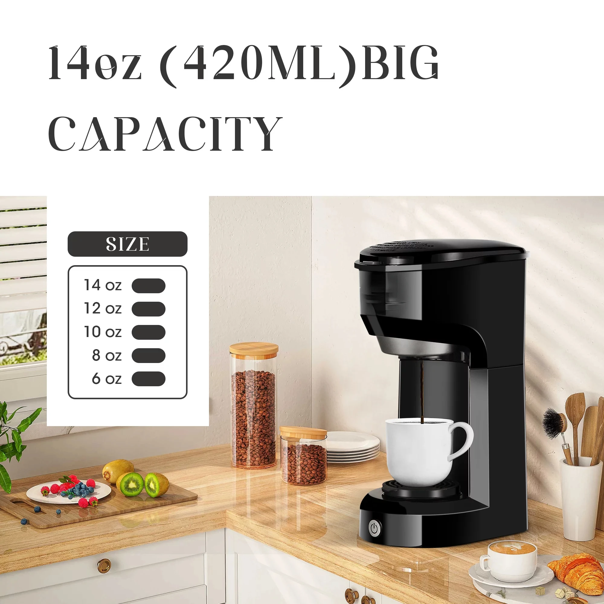 

Serve Coffee Maker Coffee Brewer 6 to 14 oz With Permanent Filter, Compatible with Single Cup Pod & Ground Coffee, Black