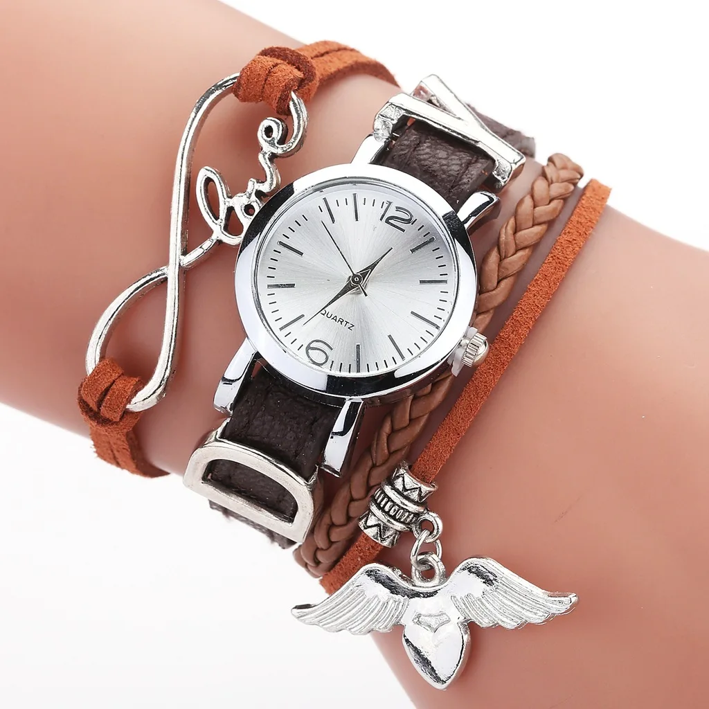 Tanie Modne zegarki dla kobiet luksusowe srebrne serce wisiorek skórzany pasek