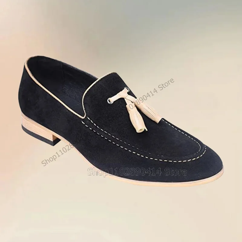 

Beige Tassels Sewing Design Black Flock Loafers Fashion Slip On Men Shoes Luxury Comfort Handmade Party Banquet Men Casual Shoes